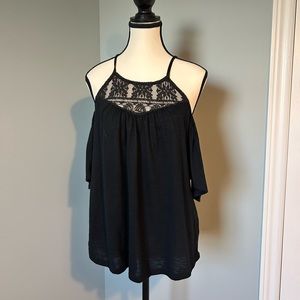 Black Off/Open Shoulder Cami Strap Crochet Neckline Flutter Sleeve Blouse Top